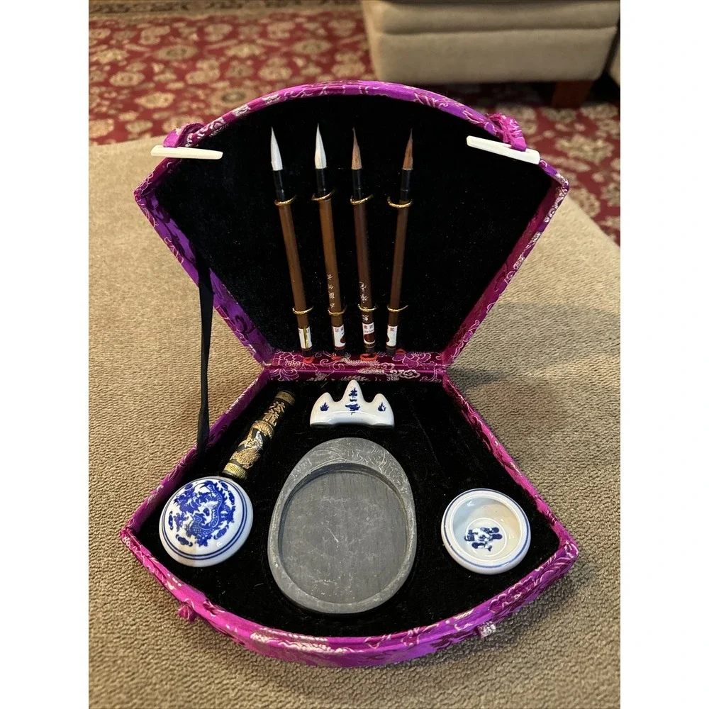 Vintage Chinese Calligraphy Set In Pink Fabric Case (TD)